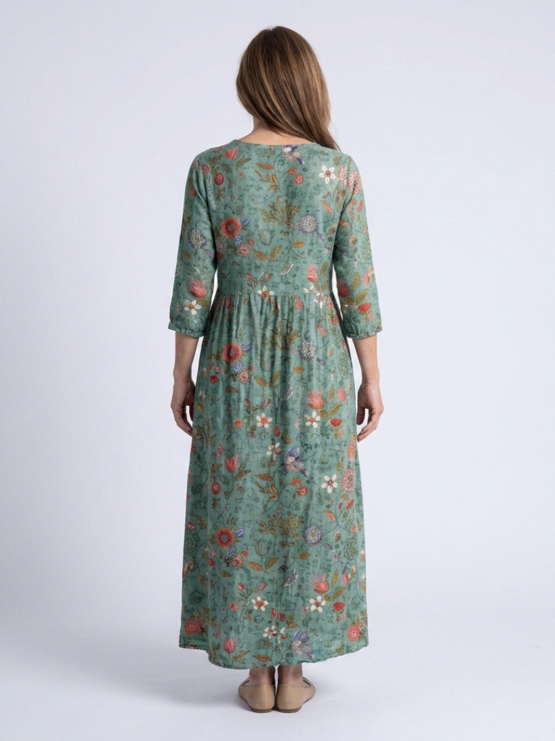 Marina | Abito lungo con stampato floreale, cuello en V y maniche tres cuartos