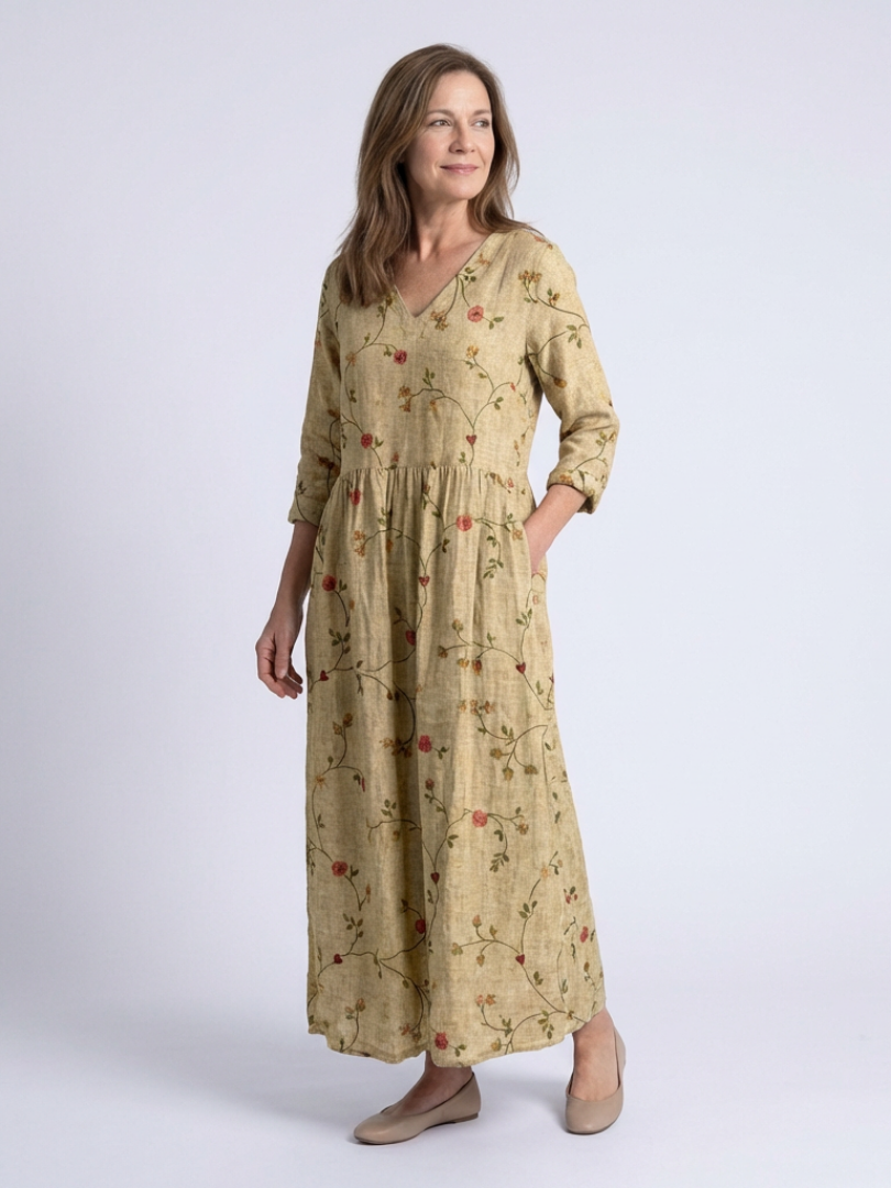 Marina | Abito lungo con stampato floreale, cuello en V y maniche tres cuartos