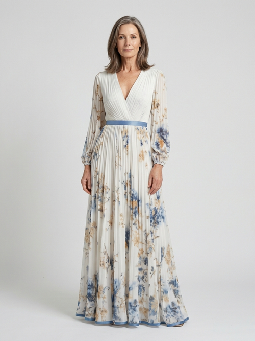 Sofía | Abito largo de manga larga con cuello en V y estampado floral