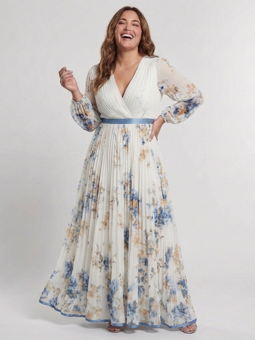 Sofía | Abito largo de manga larga con cuello en V y estampado floral