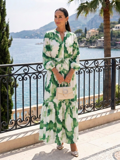 Sabrina | Abito lungo a maniche lunghe con cintura annodata e volant