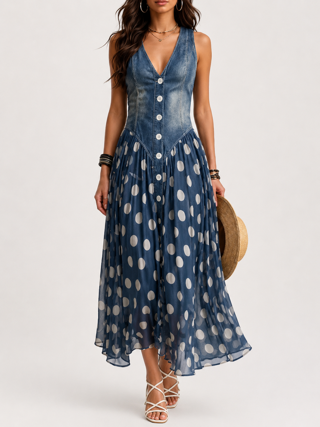 Alba Abito Efecto denim Elegante con Gonna in Chiffon a Pois