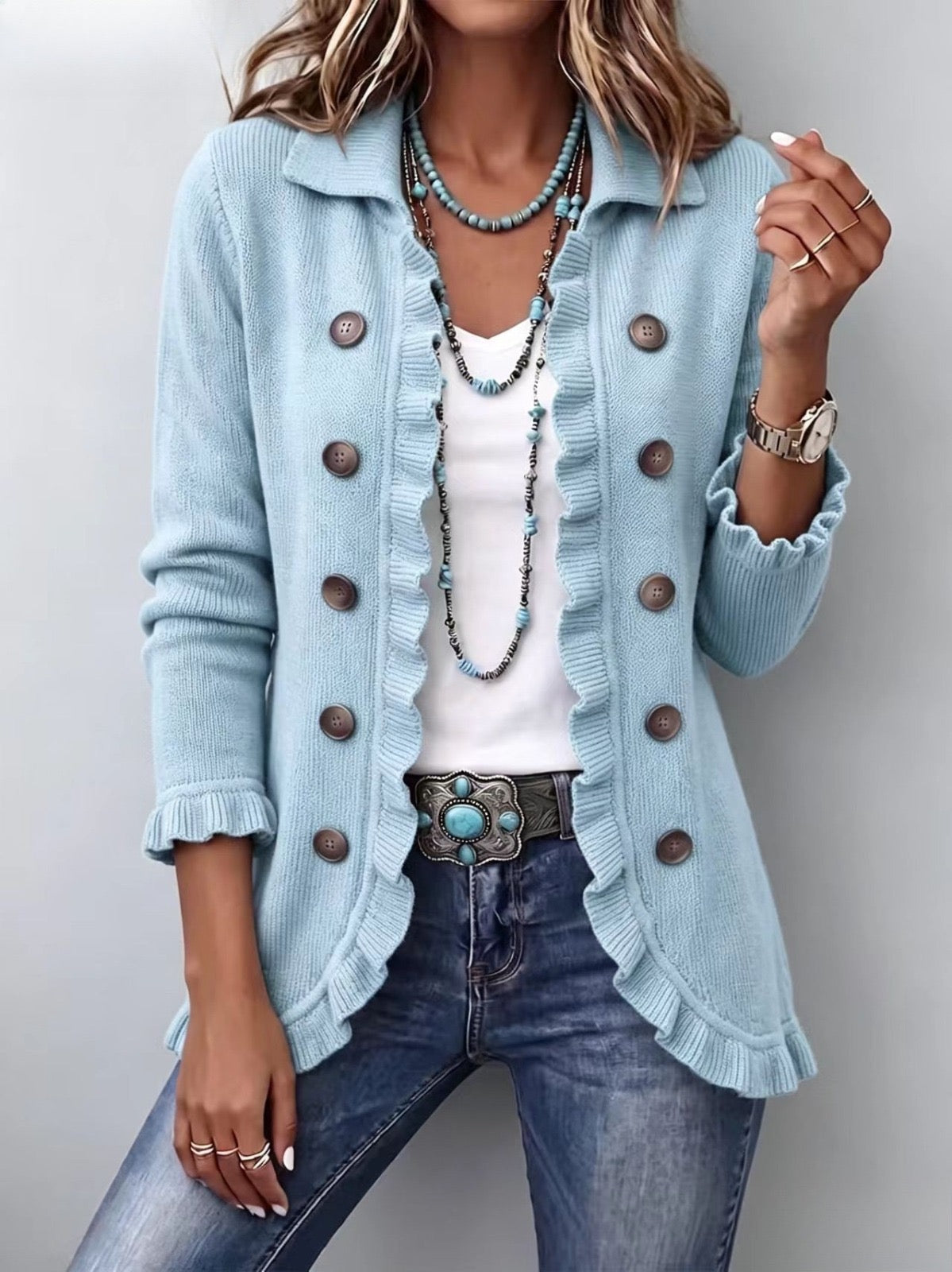 Cecilia · Giacca in maglia blu polvere con volant