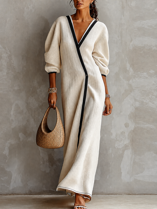 Abito maxi in lino beige con rifiniture nere