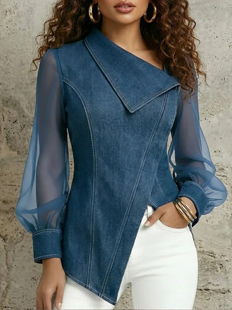 Clara | Blusa denim asimmetrica con maniche trasparenti
