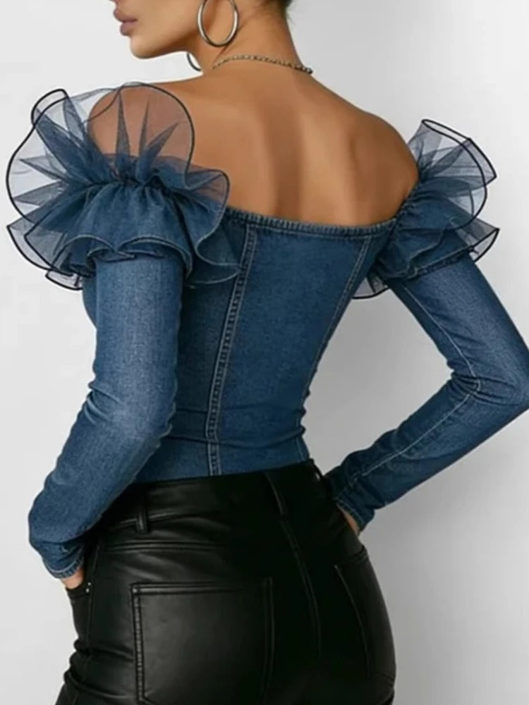 Mireia | Blusa denim con volant in tulle