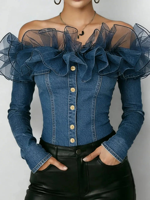 Mireia | Blusa denim con volant in tulle