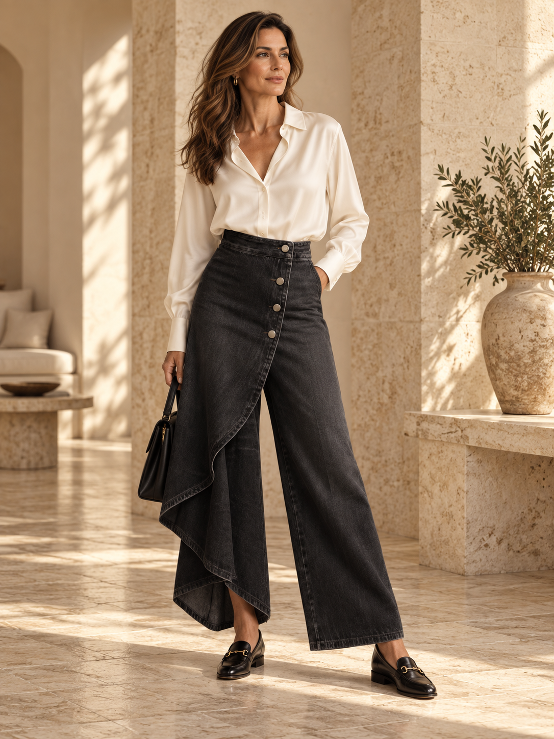 Marcella pantaloni palazzo denim asimmetrici - look Valtoreni