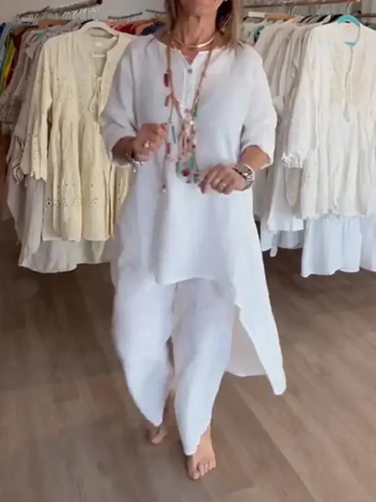 Viola · Camicetta e pantaloni coordinati in fresco lino