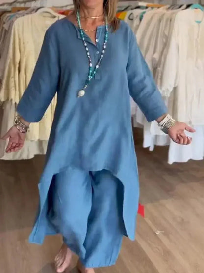 Viola · Camicetta e pantaloni coordinati in fresco lino