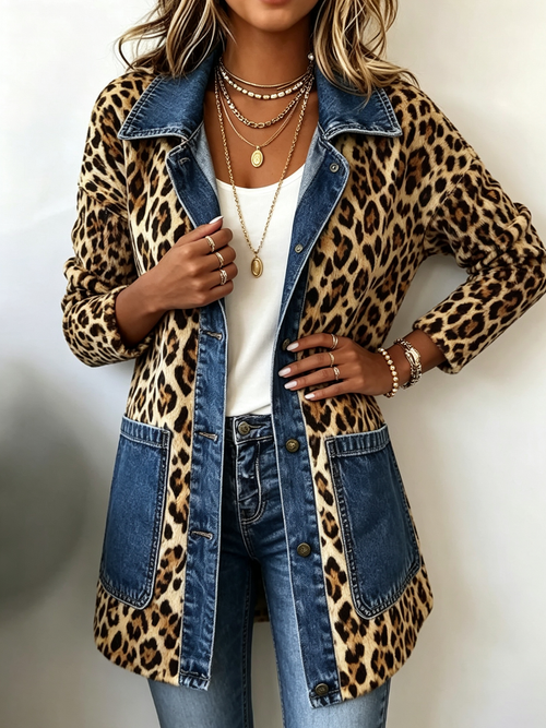 Lorena · Giacca lunga leopardata con dettagli in denim