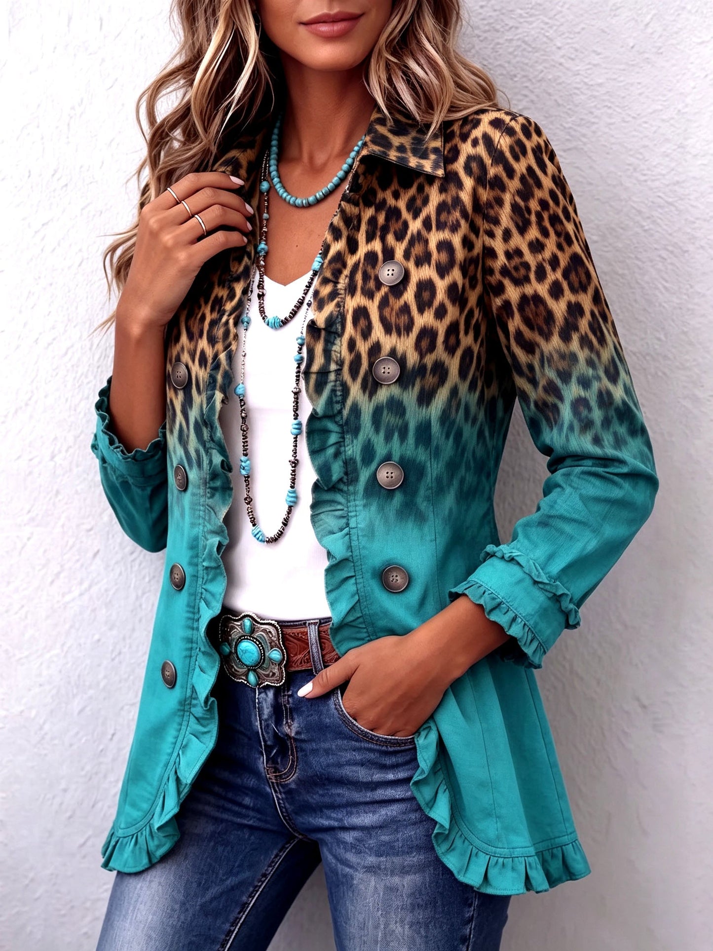 Mercedes · Giacca blazer leopardata sfumata con volant