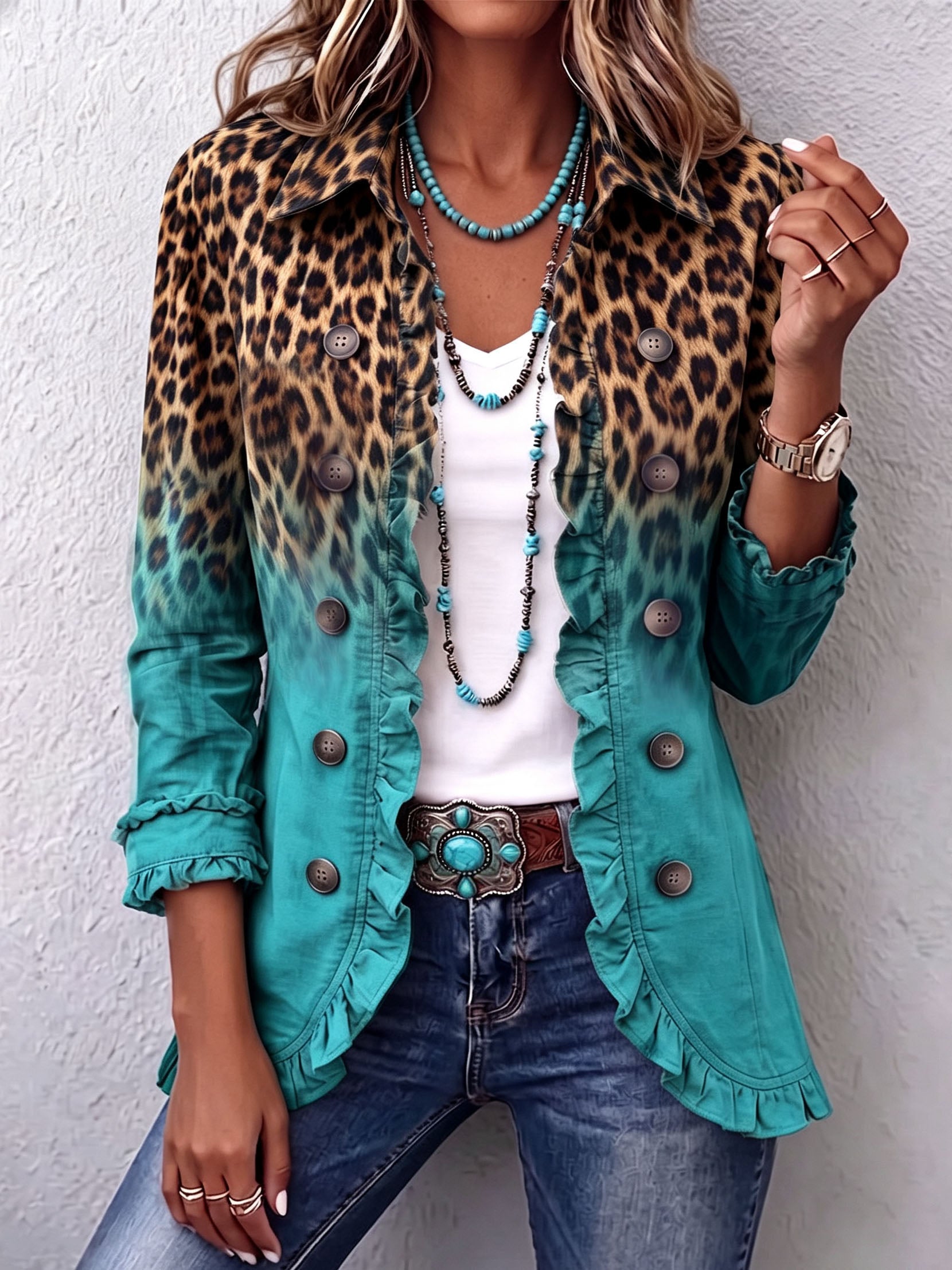 Mercedes · Giacca blazer leopardata sfumata con volant