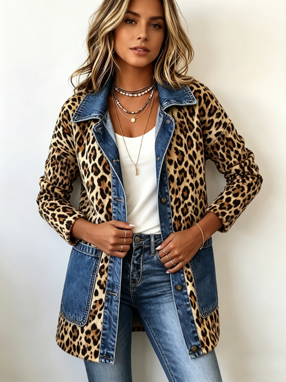 Lorena · Giacca lunga leopardata con dettagli in denim