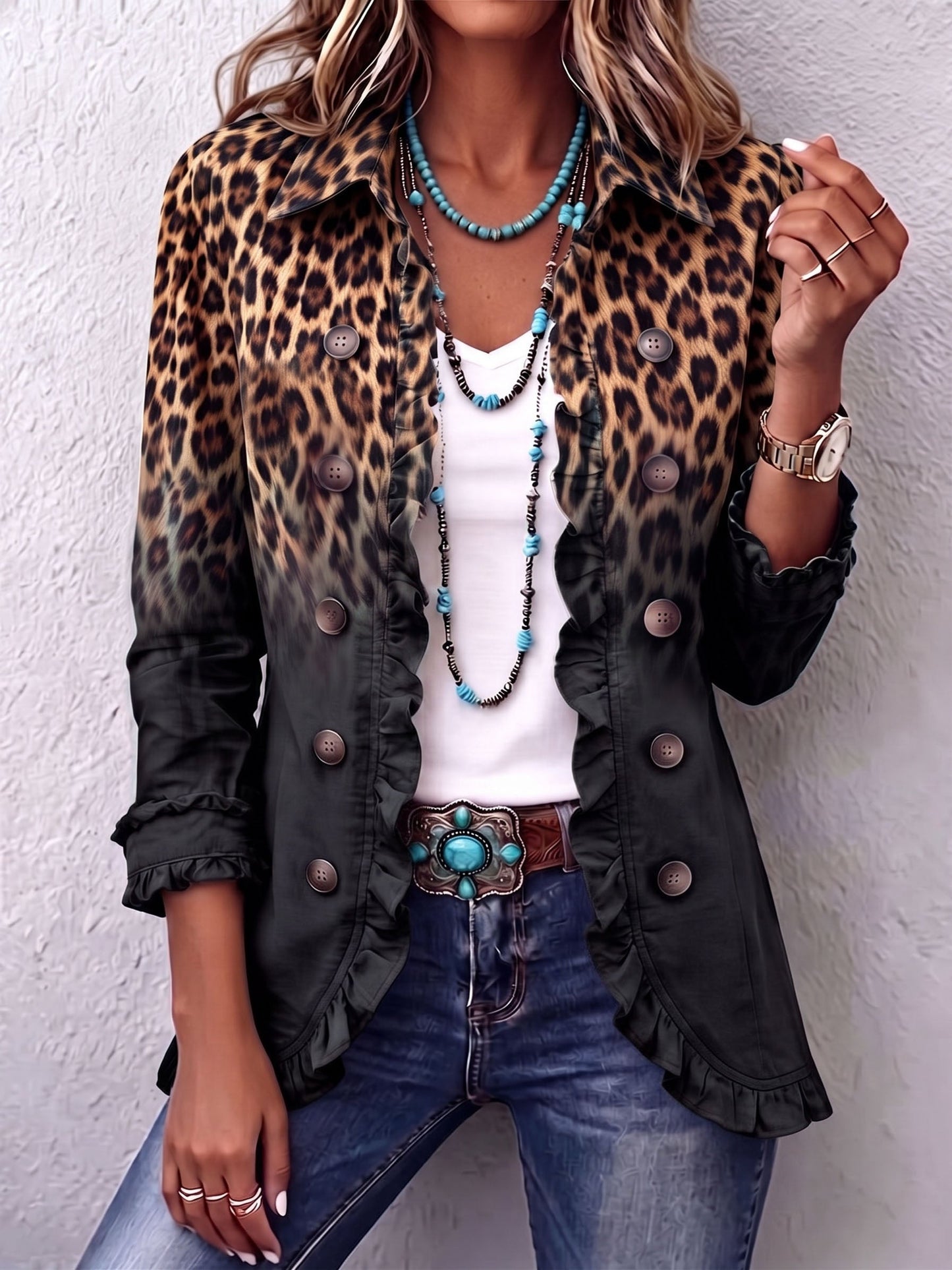 Sabina · Giacca blazer leopardata nera con volant