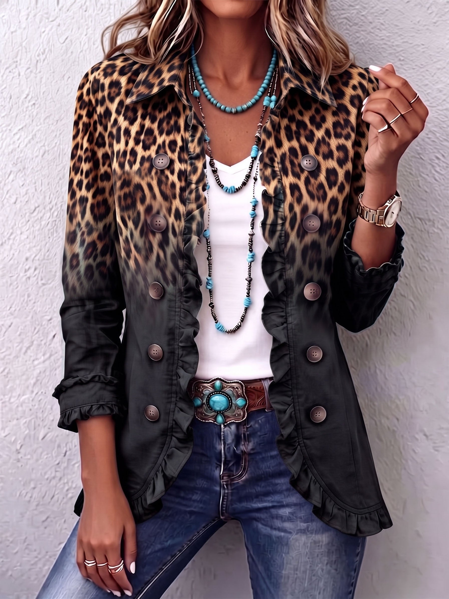 Sabina · Giacca blazer leopardata nera con volant