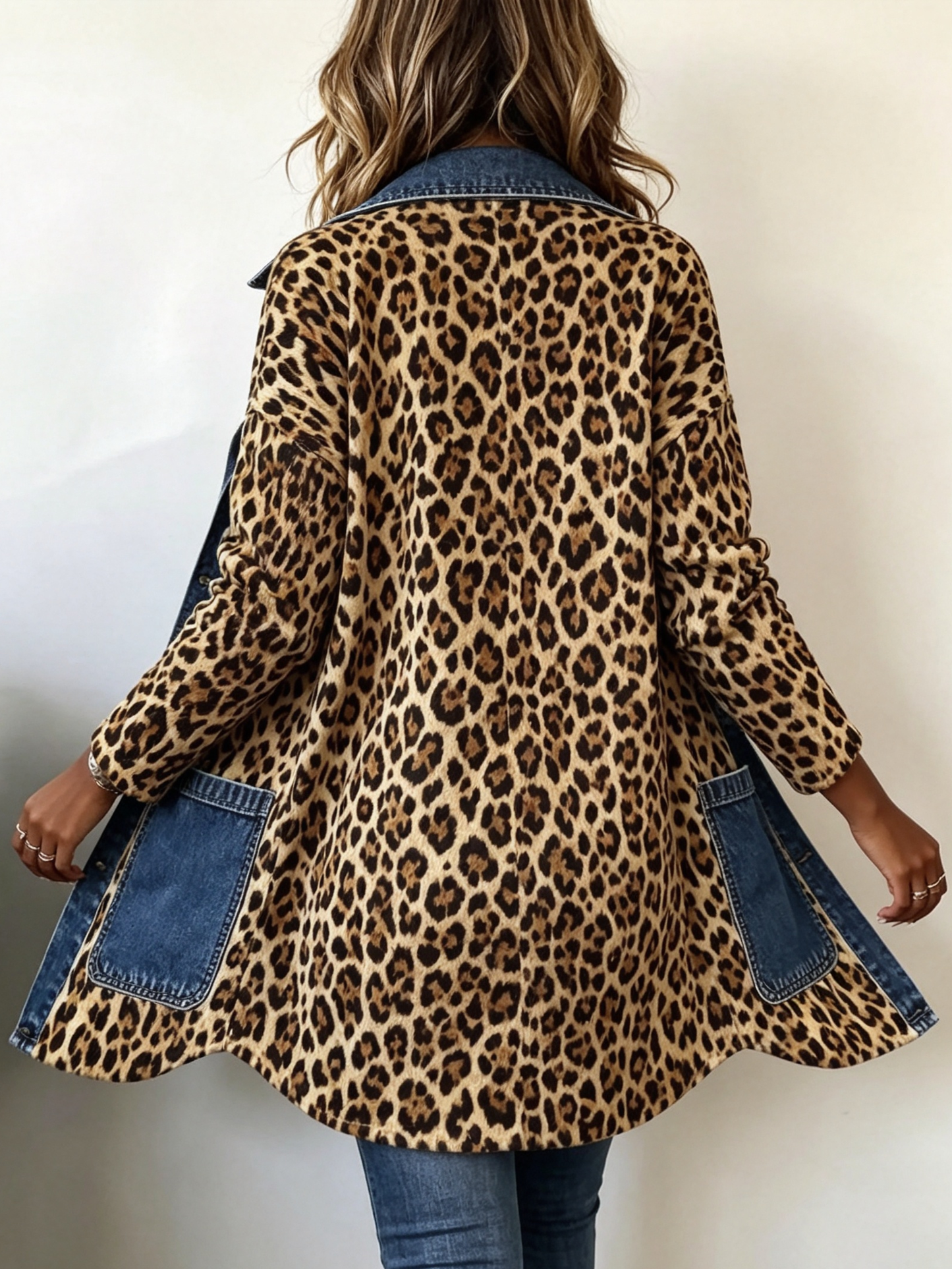 Lorena · Giacca lunga leopardata con dettagli in denim
