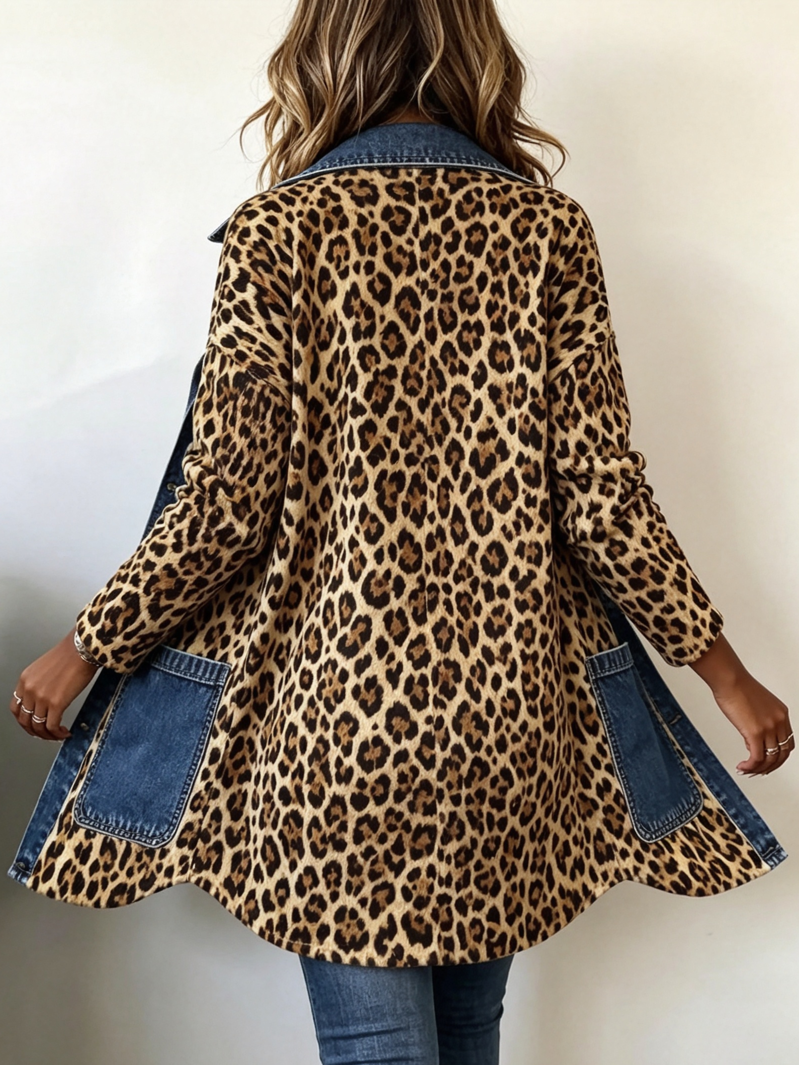 Lorena · Giacca lunga leopardata con dettagli in denim