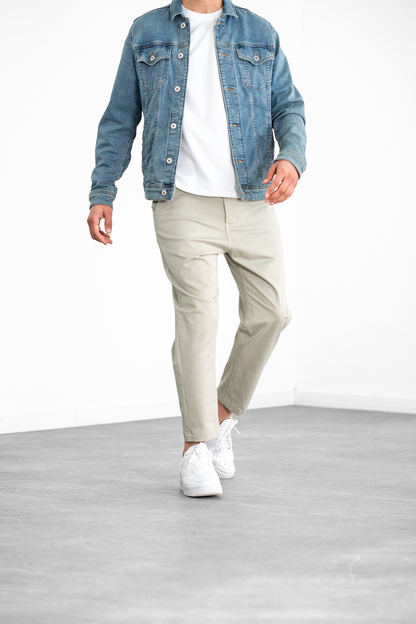 Evandro · Pantalone 7/8 Sabbia — con giacca di jeans