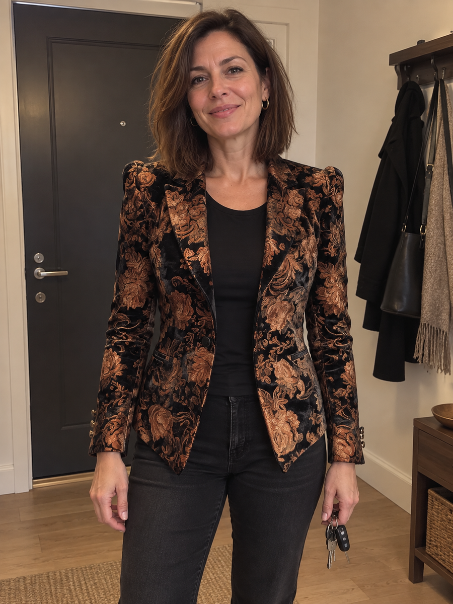 Foto · Zelmira · Blazer floreale nero e bronzo