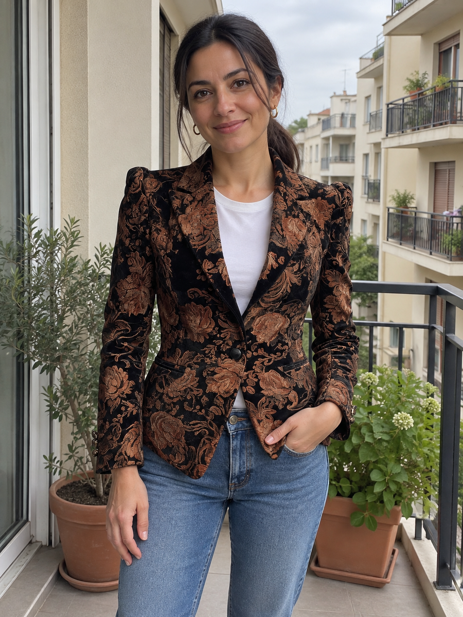 Foto · Zelmira · Blazer floreale nero e bronzo