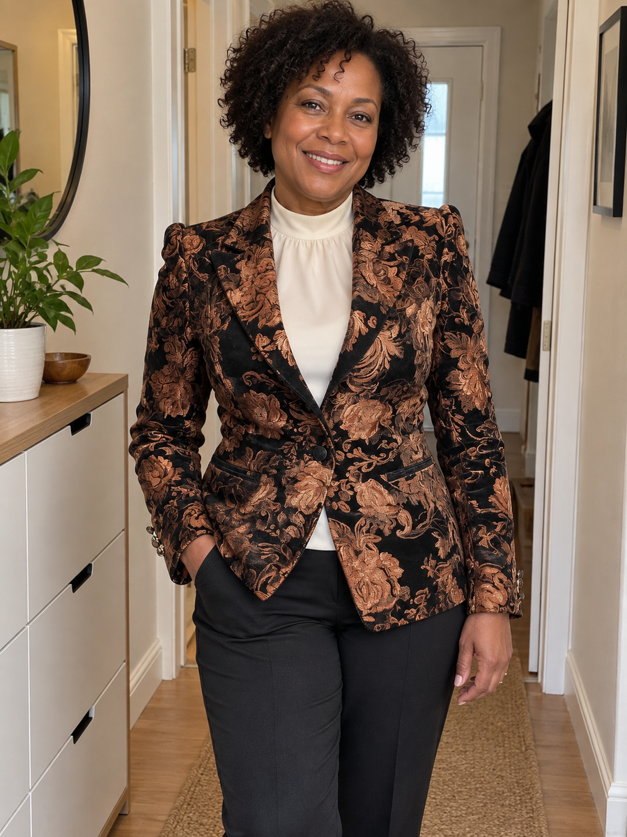 Foto · Zelmira · Blazer floreale nero e bronzo