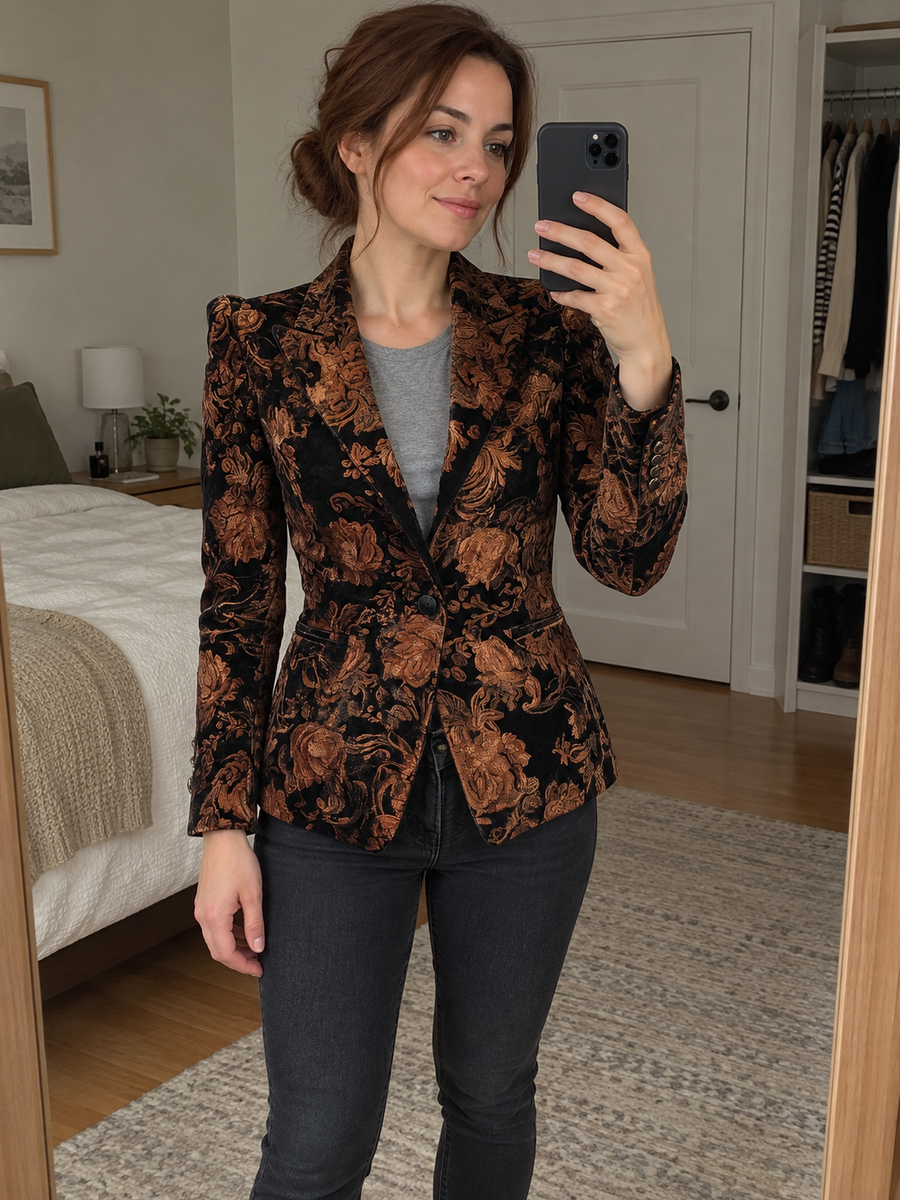 Foto · Zelmira · Blazer floreale nero e bronzo