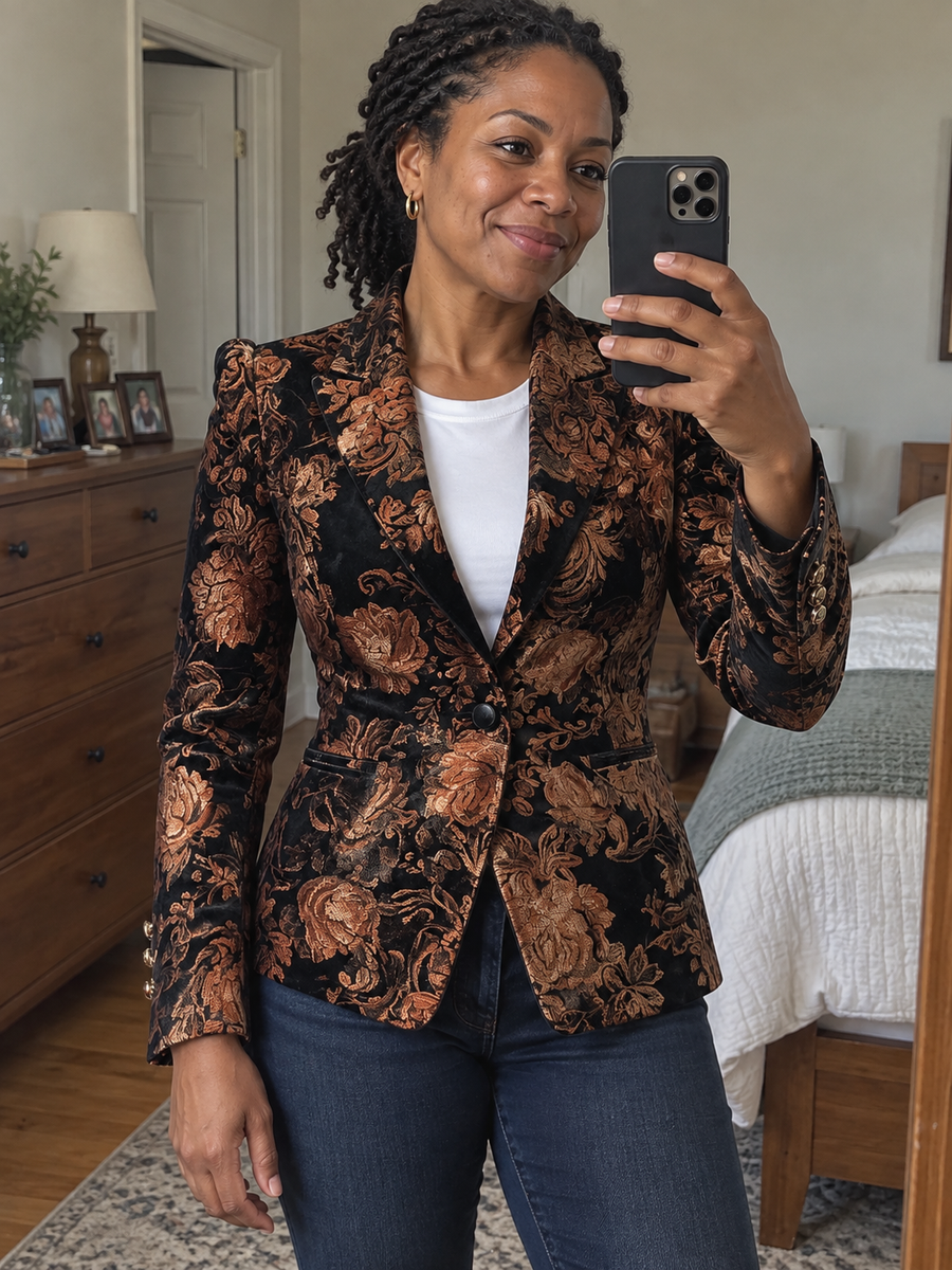 Foto · Zelmira · Blazer floreale nero e bronzo