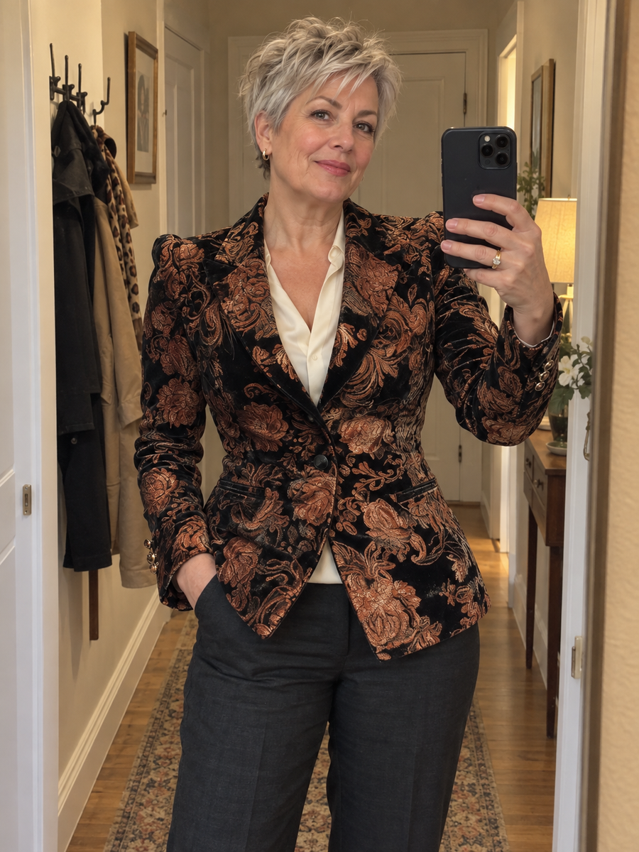 Foto · Zelmira · Blazer floreale nero e bronzo