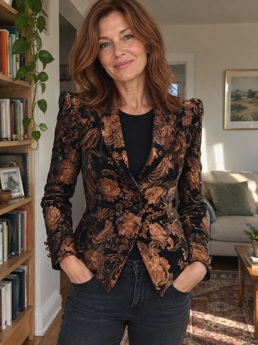 Foto · Zelmira · Blazer floreale nero e bronzo