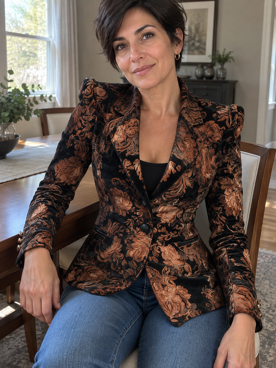 Foto · Zelmira · Blazer floreale nero e bronzo