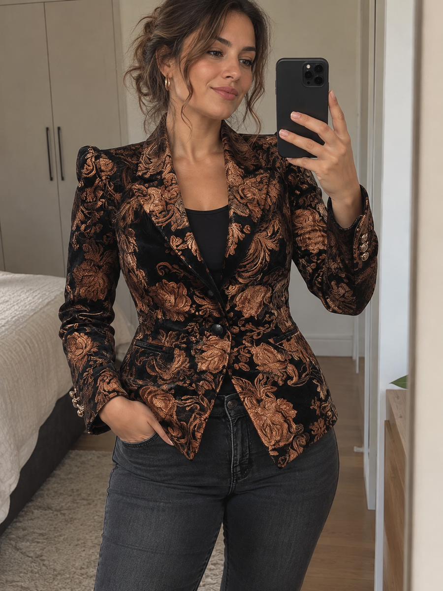 Foto · Zelmira · Blazer floreale nero e bronzo