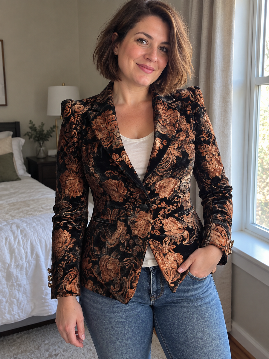 Foto · Zelmira · Blazer floreale nero e bronzo