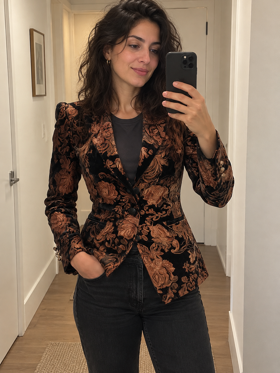 Foto · Zelmira · Blazer floreale nero e bronzo