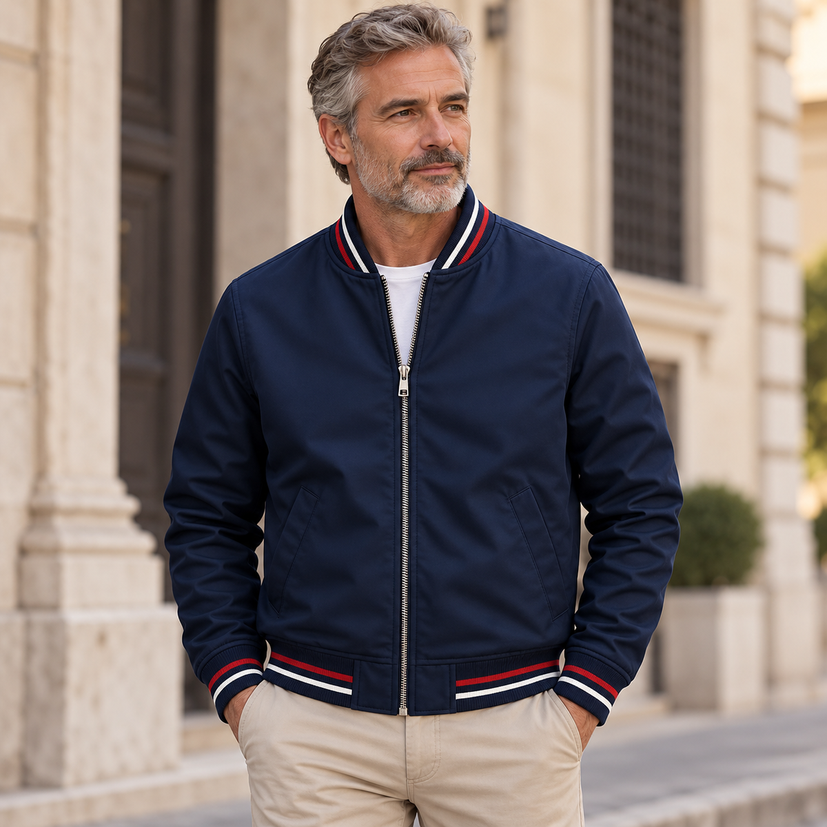 VALTORENI | RIVIERA — bomber con bordi a righe — Blu navy