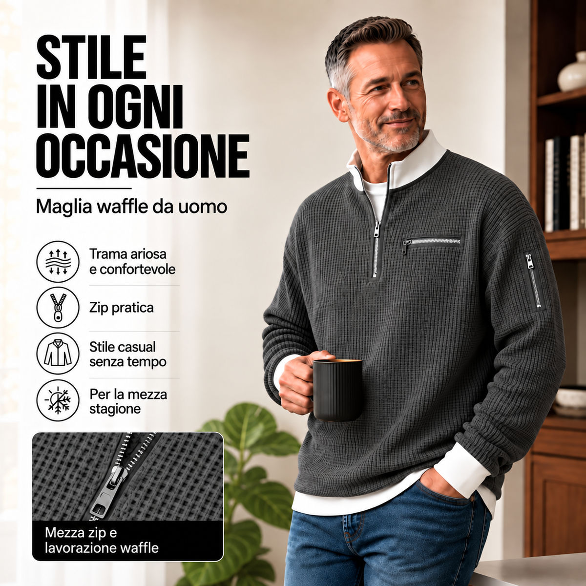 Loris · Maglia waffle con mezza zip · immagine con testi in italiano