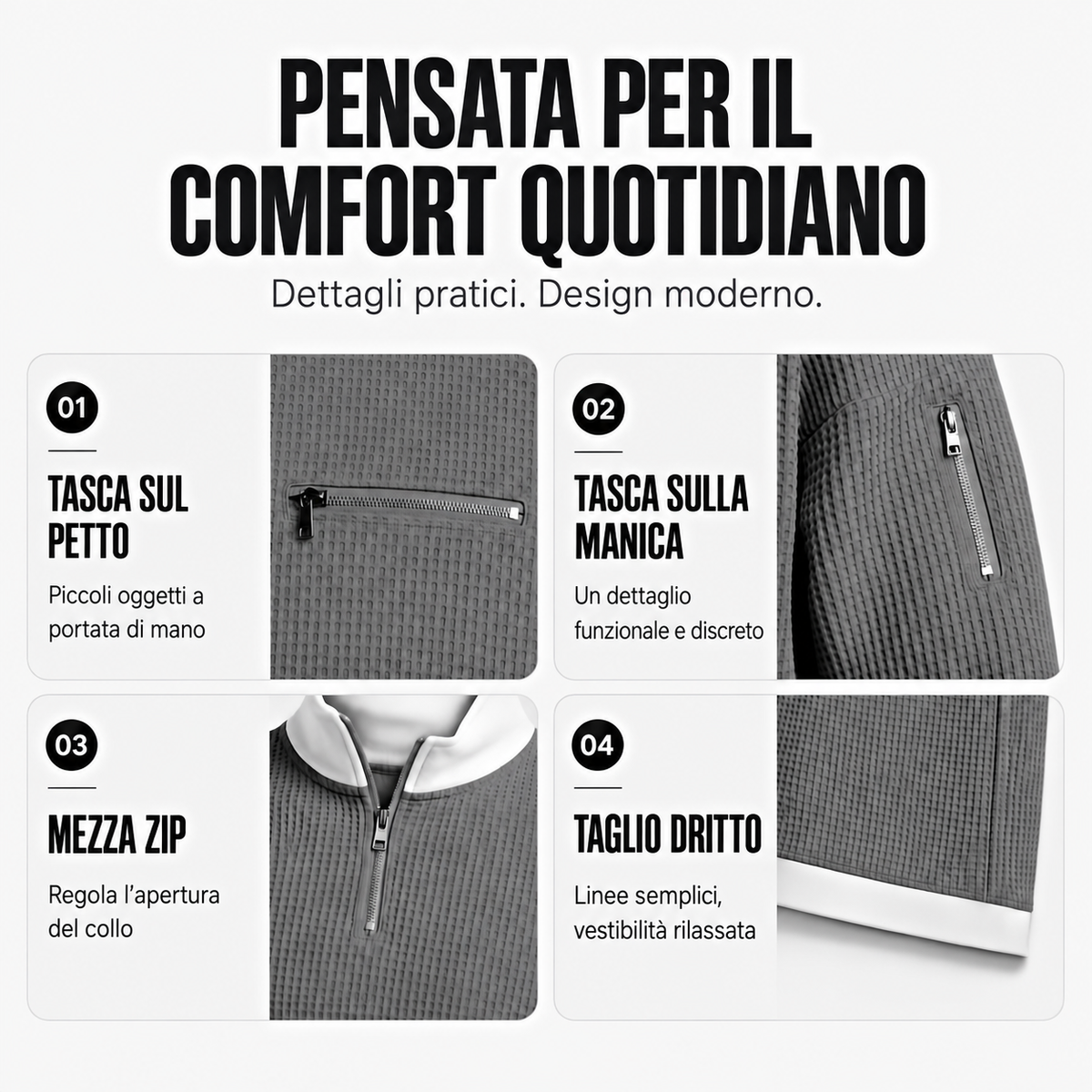 Loris · Maglia waffle con mezza zip · immagine con testi in italiano