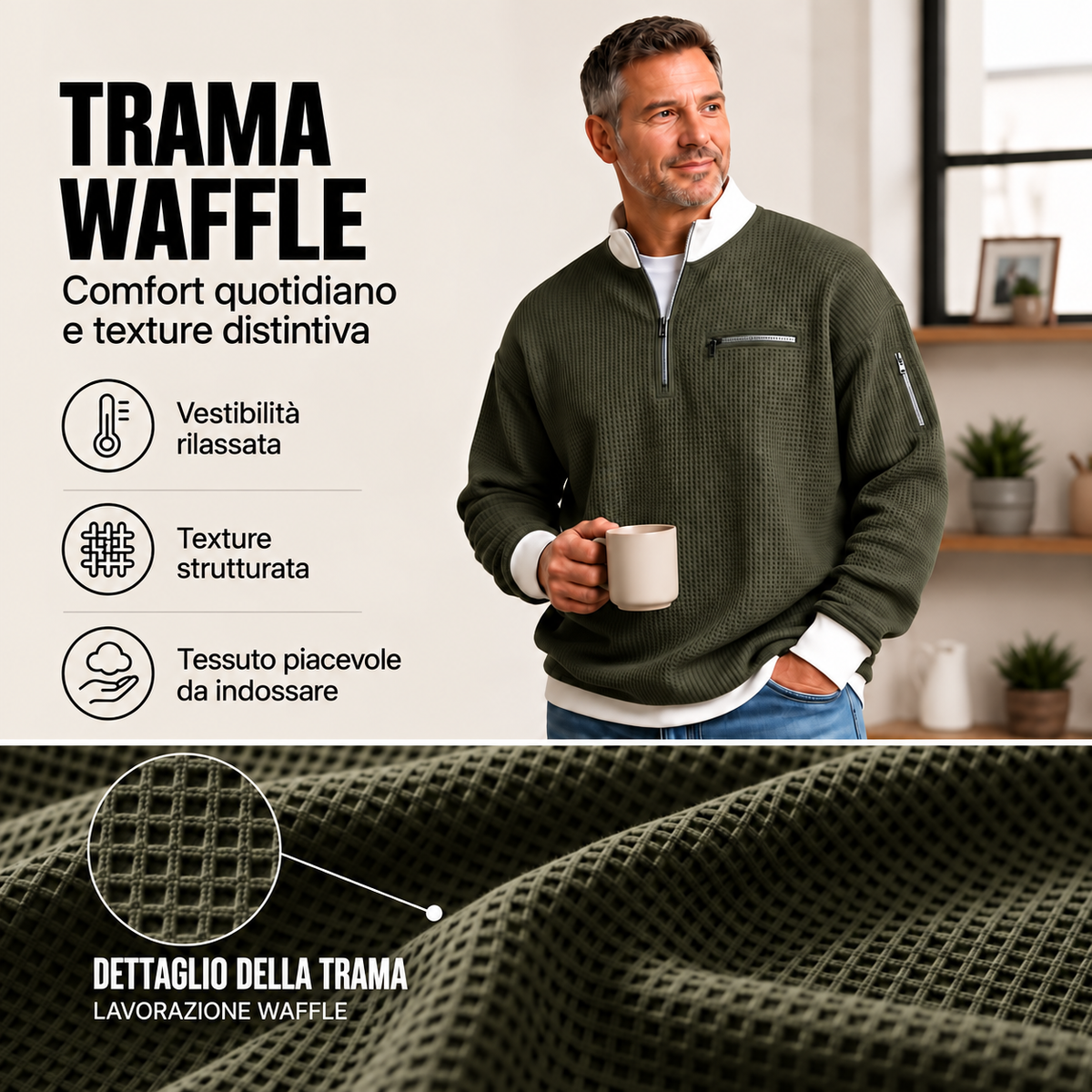 Loris · Maglia waffle con mezza zip · immagine con testi in italiano